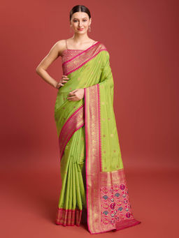 Monjolika Fashion - Patola Pallu Regal Kanjivaram Silk Saree in Parrot Green with Unstitched Blouse