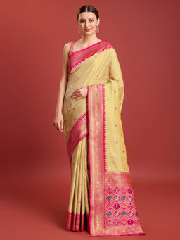 Monjolika Fashion - Patola Pallu Regal Kanjivaram Silk Saree in Beige with Unstitched Blouse