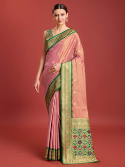 Monjolika Fashion - Patola Pallu Regal Kanjivaram Silk Saree in Rose Pink with Unstitched Blouse