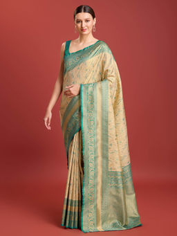 Monjolika Fashion - Beige Color Kanjivaram Silk Embellished Pallu Saree with Unstitched Blouse