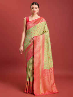 Monjolika Fashion - Pastel Green Kanjivaram Silk Embellished Pallu Saree with Unstitched Blouse