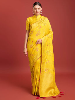 Monjolika Fashion - Women's Gorgeous Banarasi Silk Yellow Floral Motif Saree with Unstitched Blouse