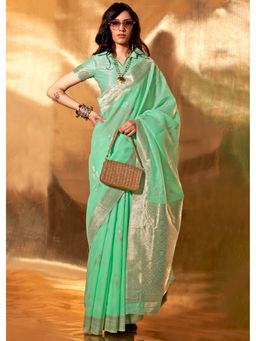 Mysilklove - Fringy Flower Green Handloom Linen Cotton Saree without Blouse