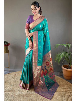 Mysilklove - Robin's Egg Blue Zari Woven Paithani Saree without Blouse