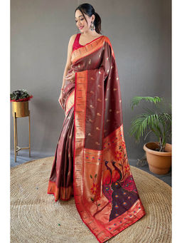Mysilklove - Nespresso Brown Zari Woven Paithani Saree without Blouse