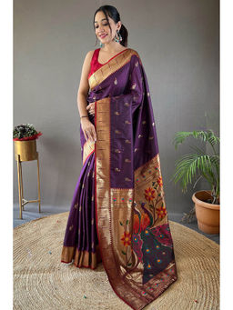 Mysilklove - Eggplant Purple Zari Woven Paithani Saree without Blouse