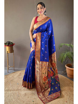 Mysilklove - Denim Blue Zari Woven Paithani Saree without Blouse