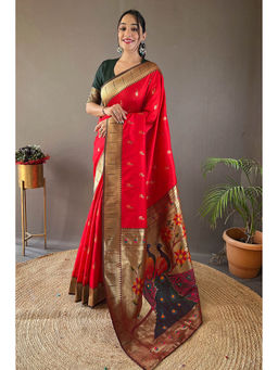 Mysilklove - Alizarin Red Zari Woven Paithani Saree without Blouse