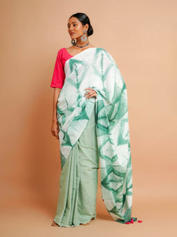 Palash - Green Shibori Printed Mulmul Cotton Saree without Blouse