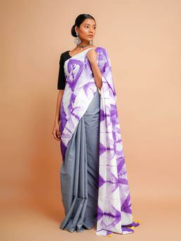 Palash - Grey Shibori Printed Mulmul Cotton Saree without Blouse
