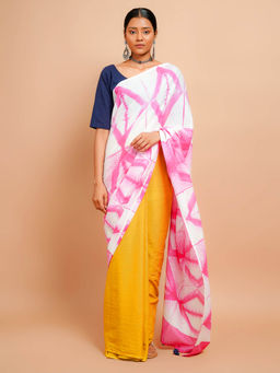 Palash - Mustard Shibori Printed Mulmul Cotton Saree without Blouse