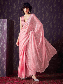 Tikhi Imli - Peach Chiffon Mirror Embroidery on Pallu & Scalloped Border Saree with Unstitched Blouse