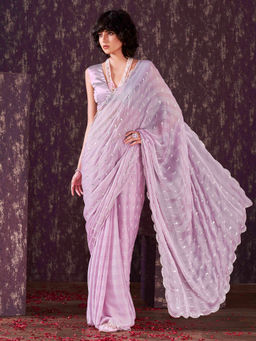 Tikhi Imli - Lavender Mirror Embroidery on Pallu & Scalloped Border Saree with Unstitched Blouse
