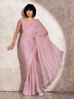 Tikhi Imli - Pink Colored Satin Chiffon Tassels & Printed Pleated Saree with Unstitched Blouse