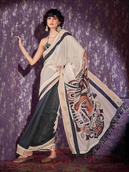 Tikhi Imli - Beige & Mustard Cotton Blend Digital Printed Striped Tassels Saree with Unstitched Blouse