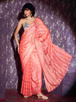 Tikhi Imli - Peach Satin Striped Sequence Embroidery & Scalloped Border Saree with Unstitched Blouse