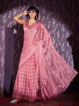 Tikhi Imli - Pink Colored Striped Sequence Embroidery & Scalloped Border Saree with Unstitched Blouse