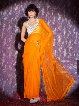 Tikhi Imli - Ready to Wear Yellow Colored Chiffon Sequin Embroidered Saree with Unstitched Blouse