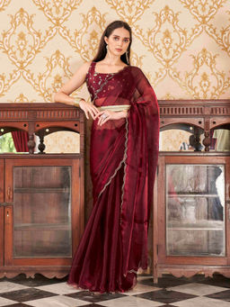 Tikhi Imli - Maroon Colored Satin Chiffon Embroidered & Scalloped Border Saree with Unstitched Blouse