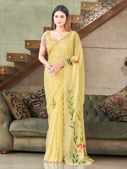Tikhi Imli - Yellow Striped Shimmer Floral Hand Print & Scalloped Border Saree with Unstitched Blouse