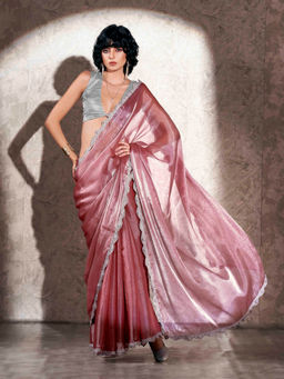 Tikhi Imli - Pink Colored Shimmer Chiffon Embellished Border Saree with Unstitched Blouse