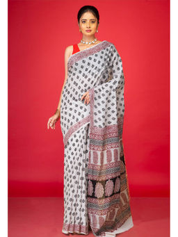 Unnati Silks - Cream Pure Bagh Printed Soft Cotton Saree with Unstitched Blouse