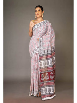 Unnati Silks - Cream Pure Bagh Printed Soft Cotton Saree with Unstitched Blouse
