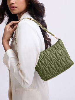RSVP by Nykaa Fashion - Women's Green Chevron Quilted Chainlink Handle Shoulder Bag
