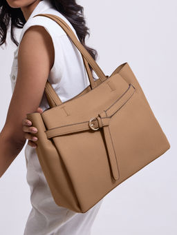Twenty Dresses by Nykaa Fashion - Khaki Belted Women's Work Tote Bag with Detachable Sling