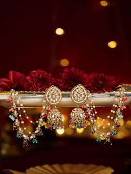 Zaveri Pearls - Multi-Color Beads Stones Antique Attached Ear Chain Jhumka Earrings