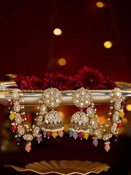 Zaveri Pearls - Multi-Color Beads Stones Antique Attached Ear Chain Jhumka Earrings