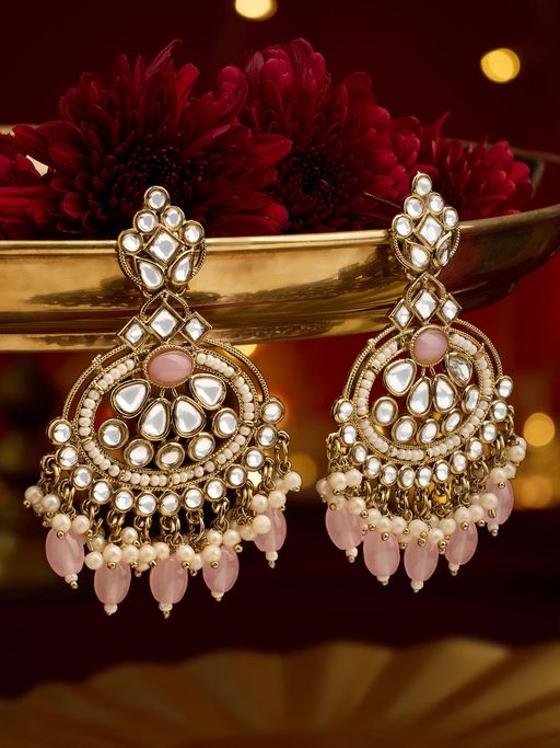 Zaveri Pearls Pink Beads Kundan Antique Gold Plating Dangler Earrings