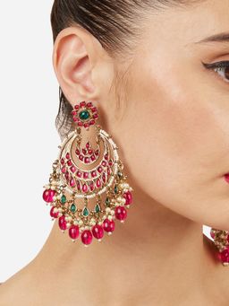 Zaveri Pearls - Rani Pink and Green Stones Beads Antique Chandbali Earrings