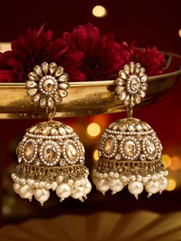 Zaveri Pearls - Antique Gold Tone Stones and Ivory Pearl Jhumka Earrings