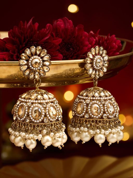 Zaveri Pearls Antique Gold Tone Stones and Ivory Pearl Jhumka Earrings