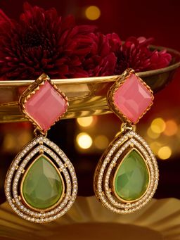 Zaveri Pearls - Green and Pink Stones Diamonds Drop Earrings