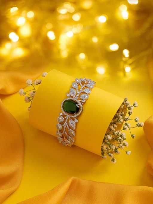 Zaveri Pearls Green Stones Rose Gold Plated Cubic Zirconia Brass Bracelet