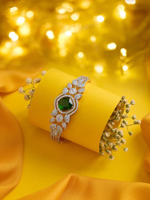 Zaveri Pearls Green Stones Cubic Zirconia Rose Gold Plated Brass Bracelet