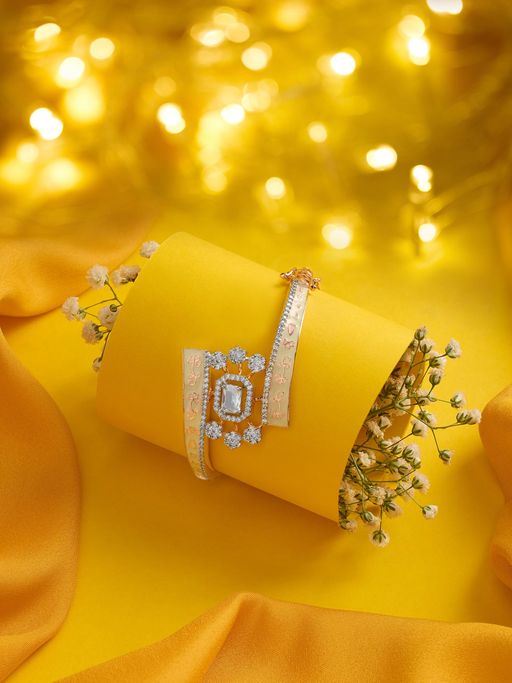 Zaveri Pearls Rose Gold Plated Enamel Cubic Zirconia Contemporary Kada Style Bracelet