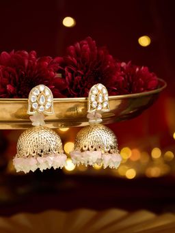 Zaveri Pearls - Pink and Off White Crystal Shine Beads Kundan Jhumka Earrings