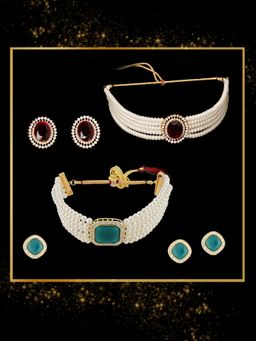 Zaveri Pearls - Maroon and Green Stones and Pearls Choker Jewellery (Pack Of 2)