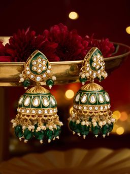 Zaveri Pearls - Green Meenakari Stones and Beads Drop Jhumka Earrings
