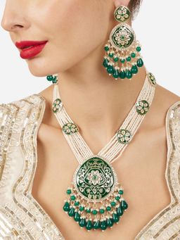 Zaveri Pearls - Green Meenakari Multistrand Beaded Necklace Jewellery Set
