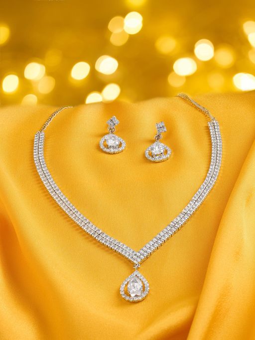 Zaveri Pearls Silver Plated Diamonds Necklace and Earrings Set