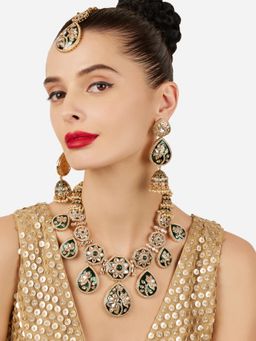 Zaveri Pearls - Green Meenakari Lotus Kundan Stone Bridal Jewellery Set