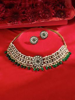 Zaveri Pearls - Green Kudan Beads Drop Stones Choker Jewellery Set