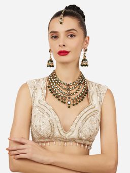 Zaveri Pearls - Green and Pink Layered Stone Studded Bridal Jewellery Set