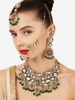 Zaveri Pearls - Green Enamel Pink Stone Studded Bridal Jewellery Set