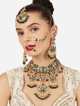 Zaveri Pearls - Traditional Green Enamel Pink Kundan and Pearl Bridal Jewellery Set