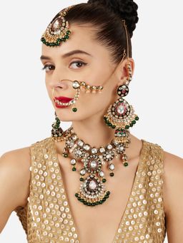 Zaveri Pearls - Traditional Green Enamel Pink Kundan and Beads Bridal Jewellery Set